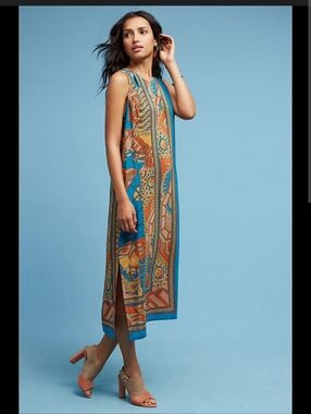 Akemi+ Kin Anthropologie Sleeveless Silk Geometric Print_Turquoise & Orange_M